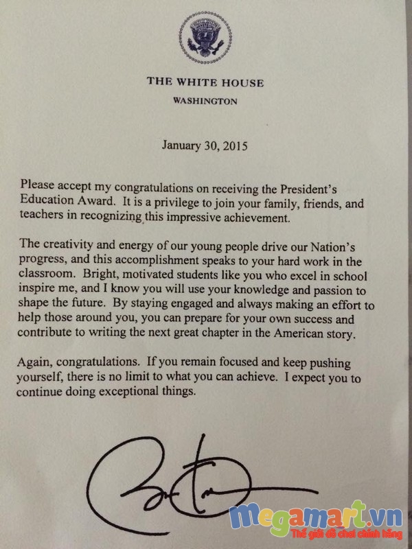 Bức thư Tổng thống Obama gửi cho Đỗ Nhật Nam