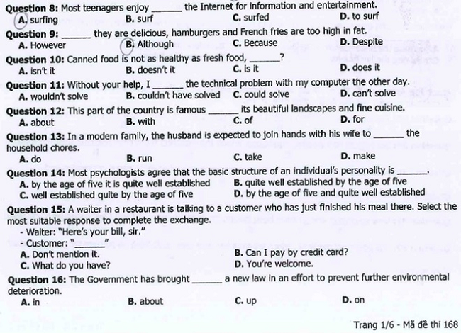 Đáp án đề thi THPT quốc gia môn Tiếng Anh năm 2016 2