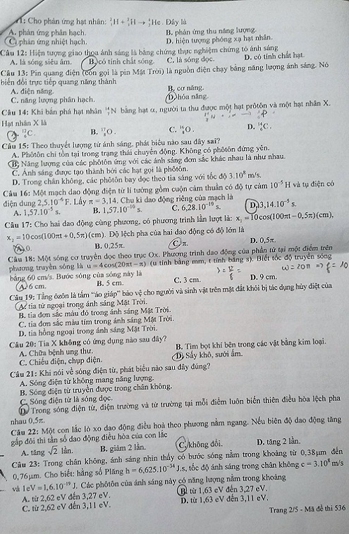 Đề thi Môn Vật lý THPT Quốc gia 2016, mã đề 536 2