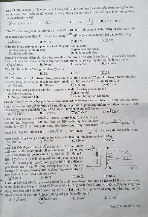 Đề thi Môn Vật lý THPT Quốc gia 2016, mã đề 536 3