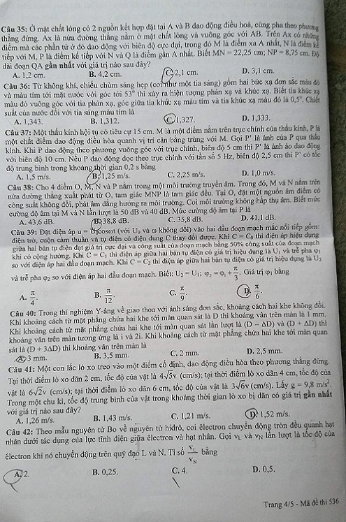Đề thi Môn Vật lý THPT Quốc gia 2016, mã đề 536 4