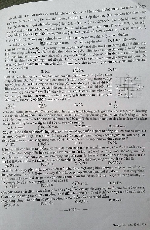 Đề thi Môn Vật lý THPT Quốc gia 2016, mã đề 536 5