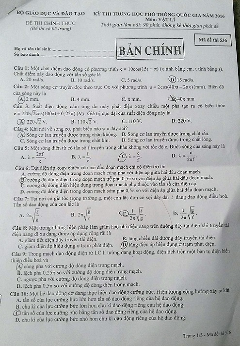 Đề thi Môn Vật lý THPT Quốc gia 2016, mã đề 536 1