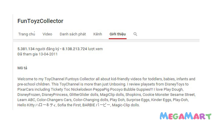 Kênh Youtube FunToyzCollector với lượng theo dõi và lượt xem video siêu khủng