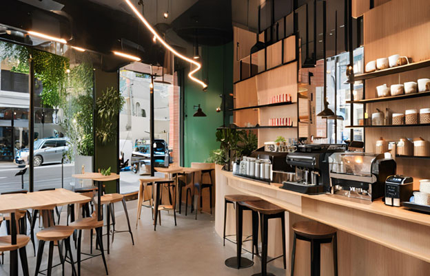Kệ, quầy bàn ghế và các kiến trúc cafe hiện đại