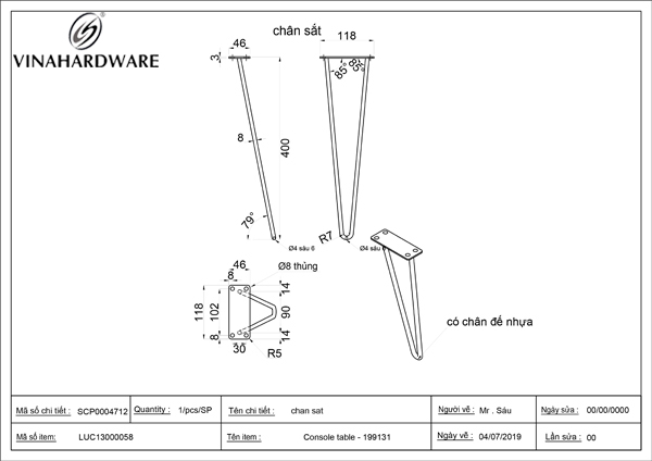 Bảng vẽ chi tiết khung chân / Detailed drawings of table leg frames