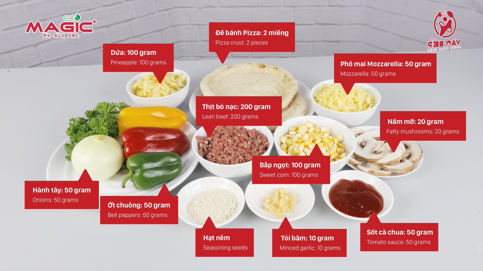 Hướng dẫn làm Pizza Bò ngô dứa bằng Nồi chiên không dầu Magic Eco AC-120 1 nguyen lieu