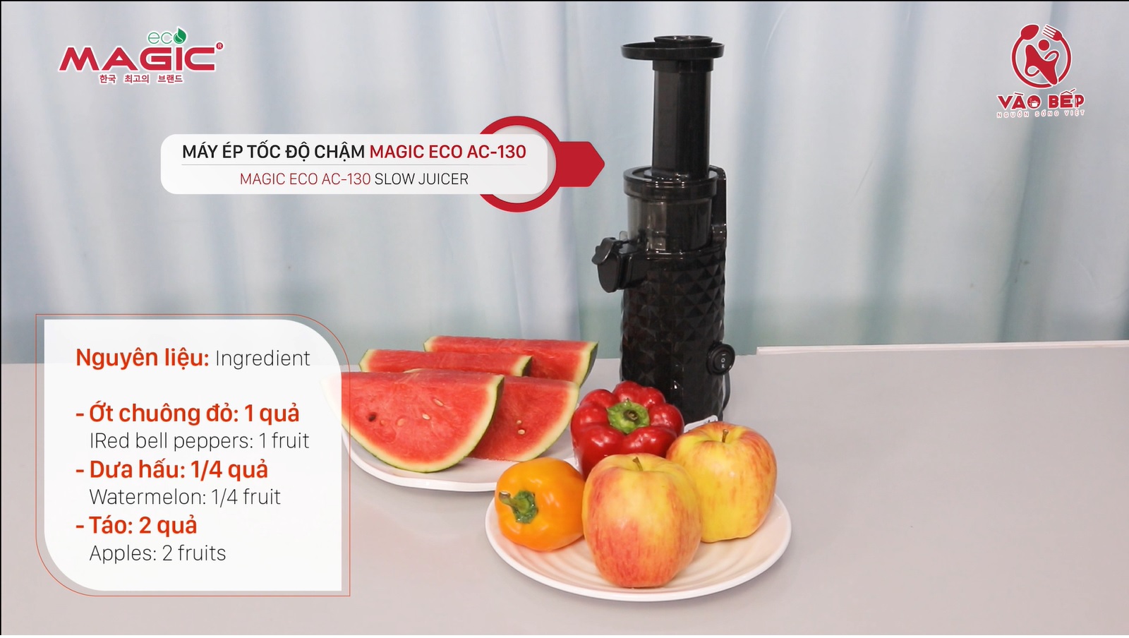 Nước ép ớt chuông, dưa hấu, táo giảm cân giữ dáng - Máy ép chậm Magic Eco AC-130 1 ot chuong dua hau tao nguyen lieu