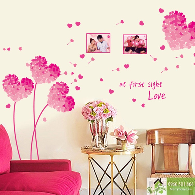 Decal dán tường hoa trái tim hồng - DC057