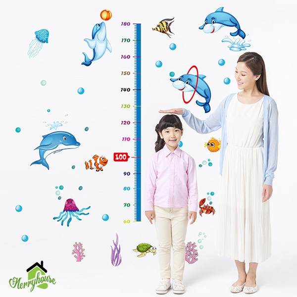 Decal dán tường đàn cá heo đo chiều cao - DC485