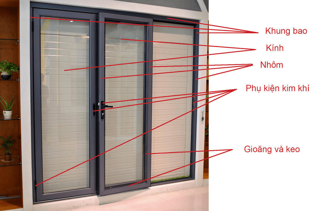 Một mẫu cửa nhôm Xingfa bao gồm rất nhiều bộ phận kim khí đi cùng. 