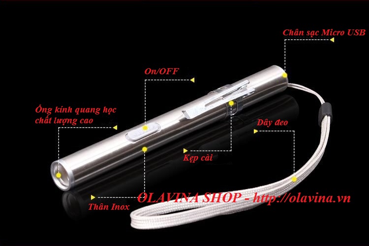 Đèn pin mini Inox sạc USB OLAVINA SHOP