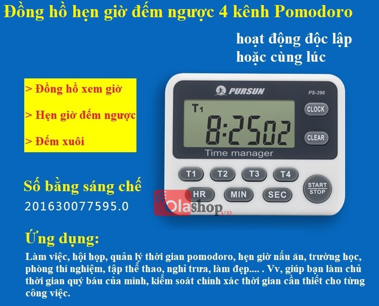 Đồng hồ hẹn giờ đếm ngược 4 kênh Pomodoro