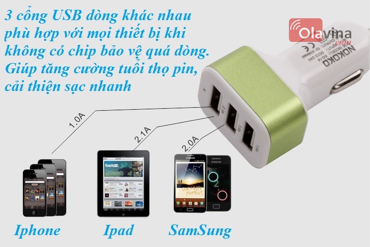 Sạc điện thoại trên ô tô 3 cổng USB