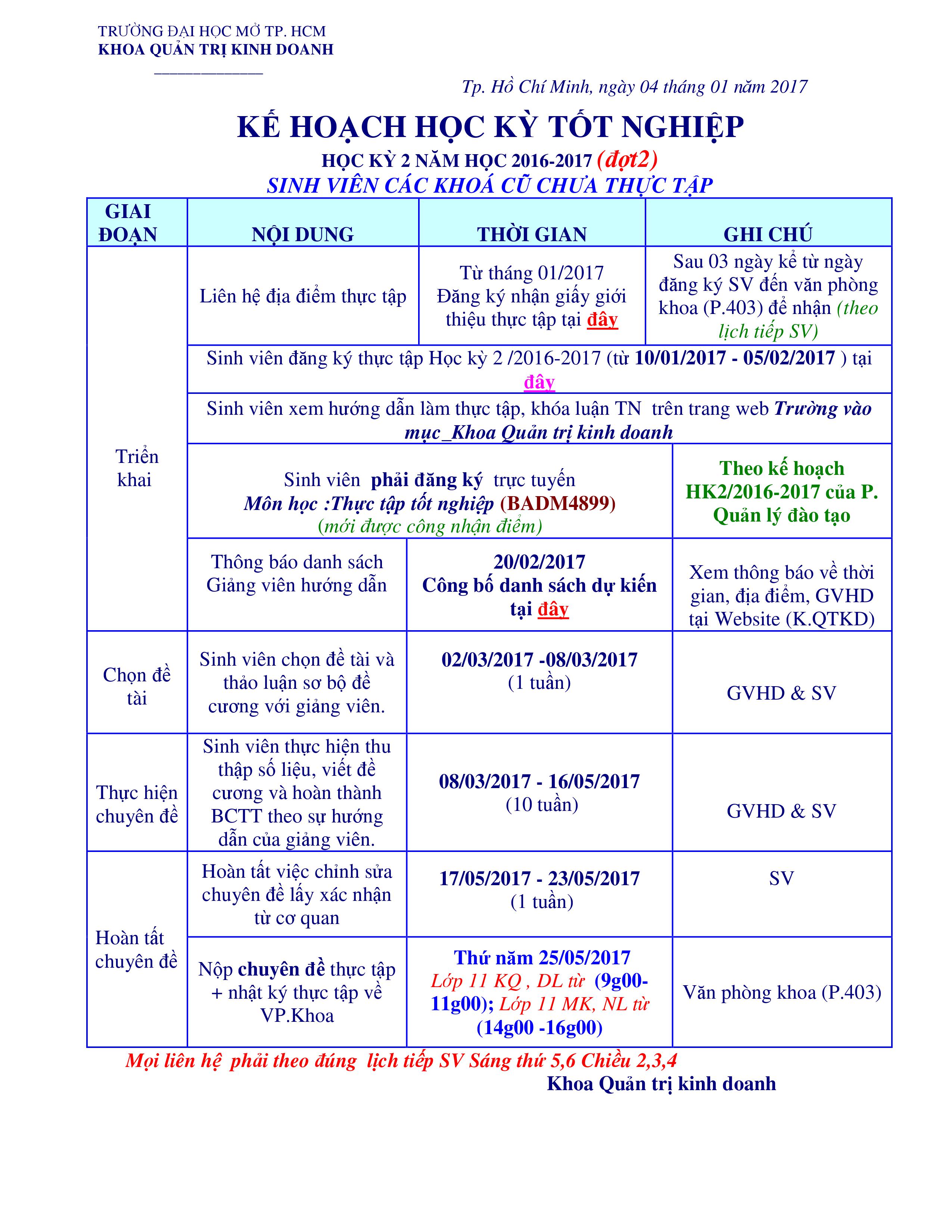Kế hoạch học kỳ tốt nghiệp - Học kỳ 2 năm học 2016-2017 (đợt 2)