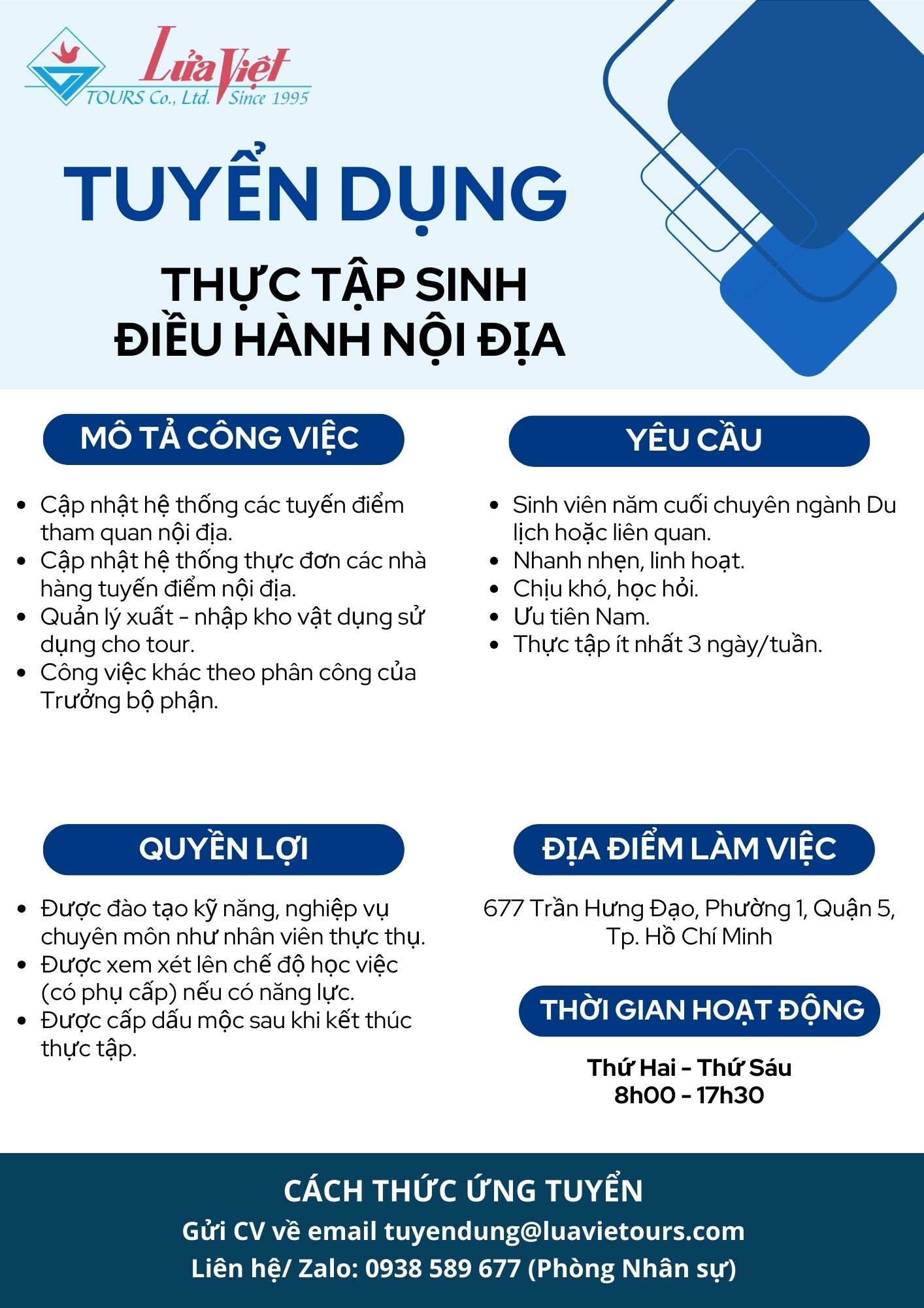 Du lịch Lửa Việt tuyển dụng thực tập sinh điều hành nội địa