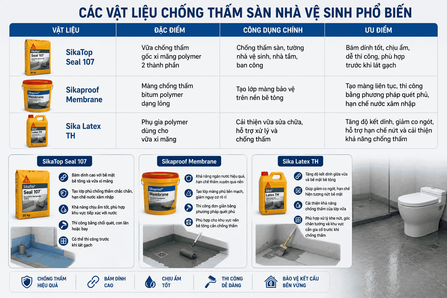 Các vật liệu chống thấm sàn nhà vệ sinh phổ biến