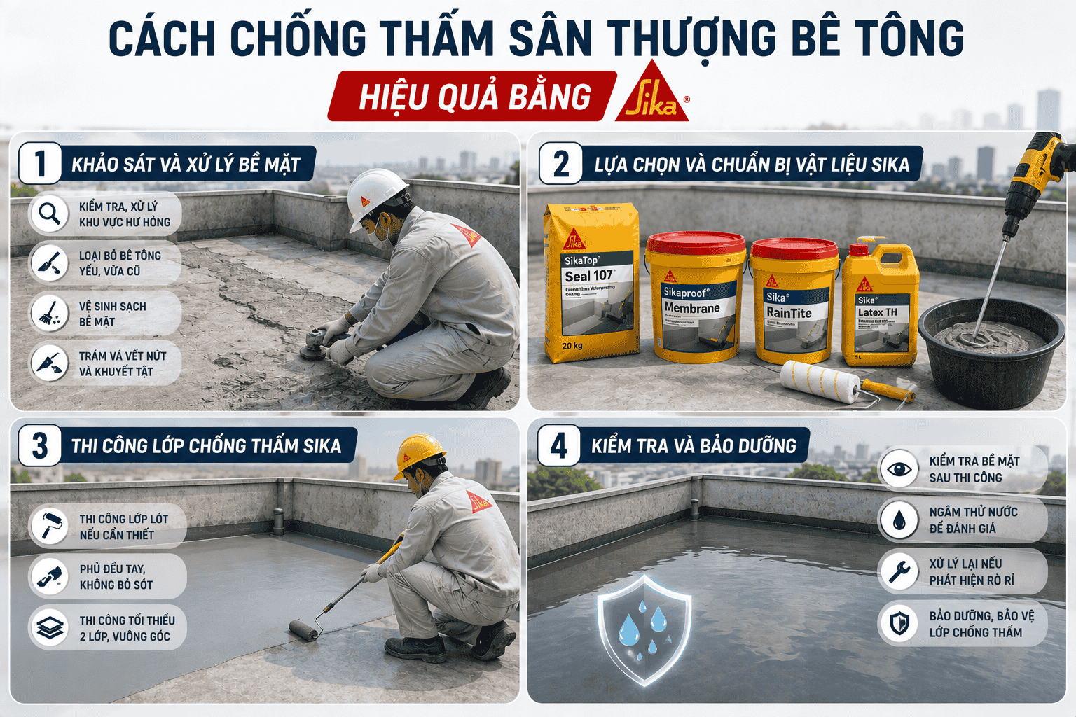 Cách chống thấm sân thượng bê tông hiệu quả bằng Sika