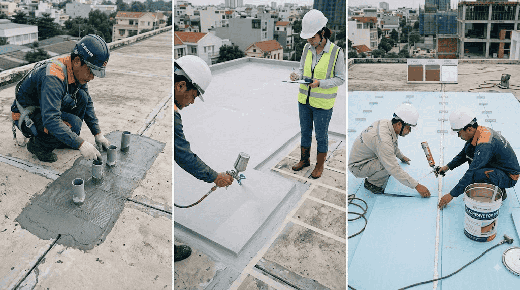 Quy trình thi công kết hợp chống nóng và chống thấm mái