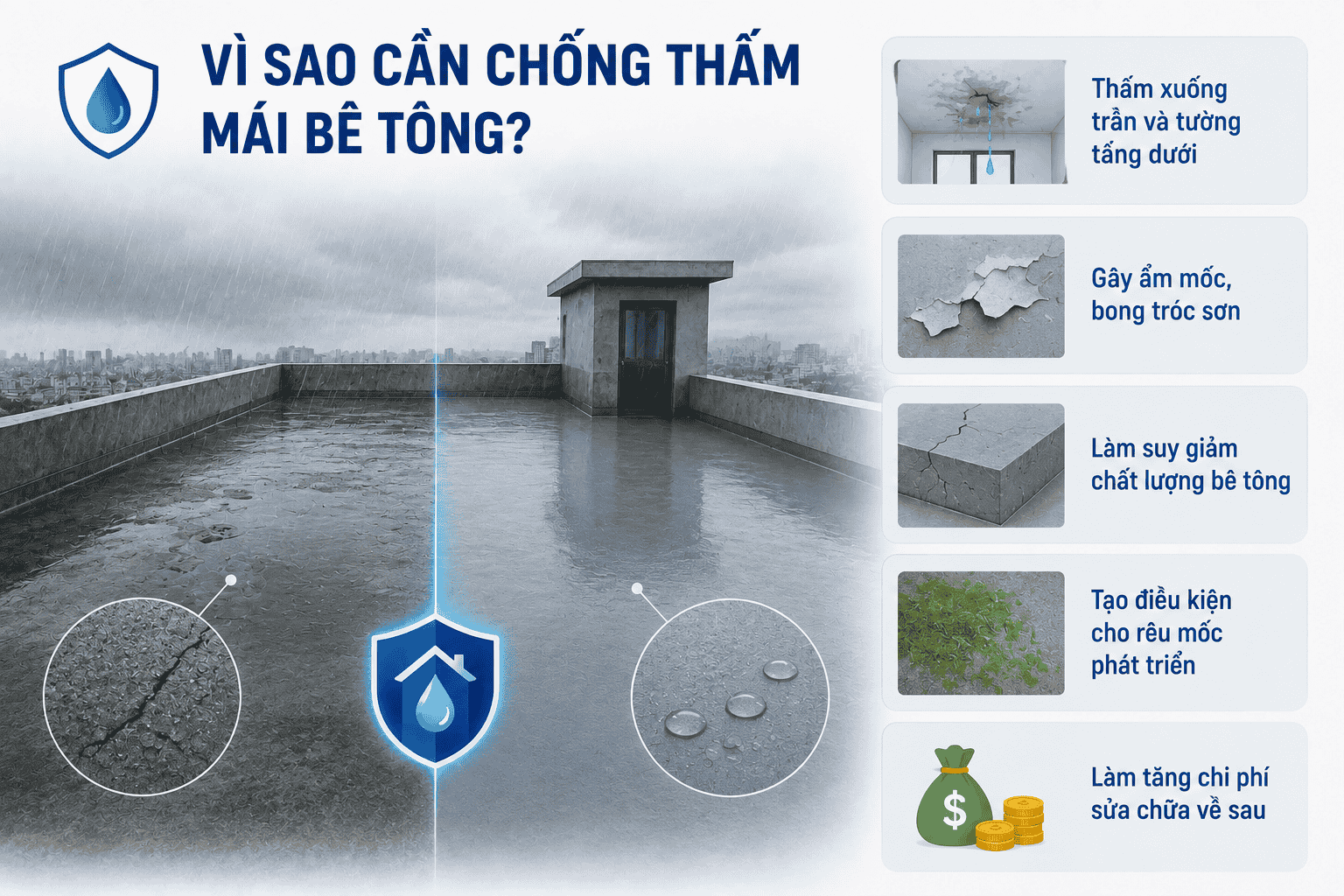 Vì sao cần chống thấm mái bê tông?