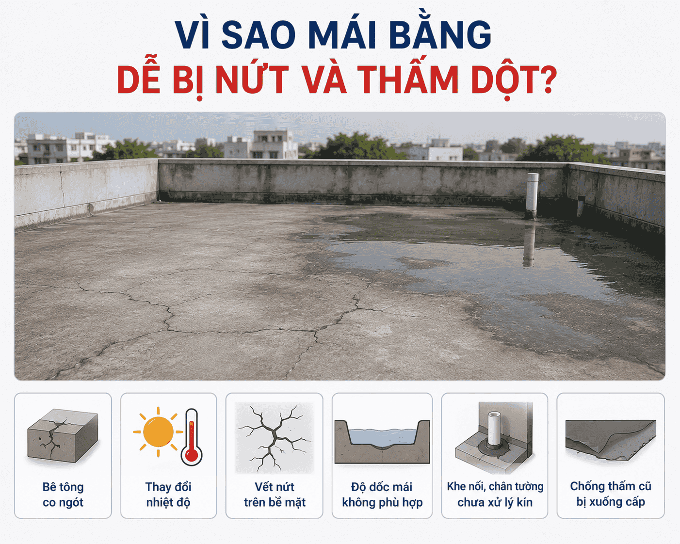 Vì sao mái bằng dễ bị nứt và thấm dột?