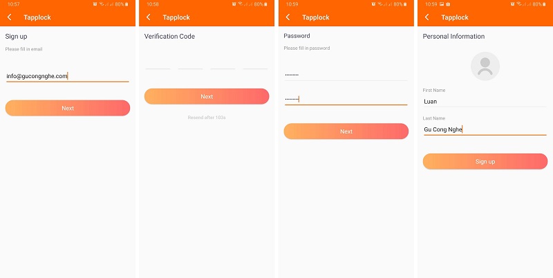Điền thông tin vào ứng dụng Tapplock trên điện thoại