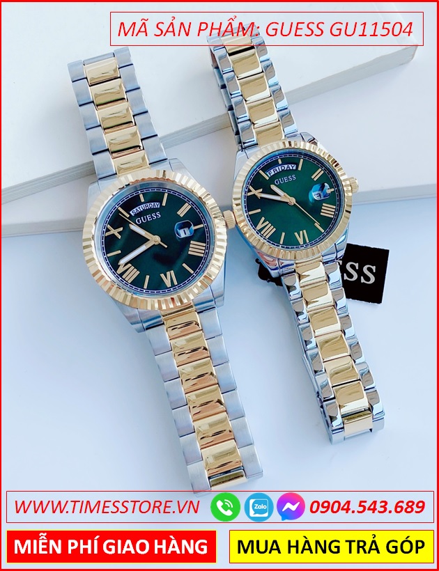 dong-ho-cap-doi-guess-tua-rolex-mat-xanh-day-demi-vang-gold-timesstore-vn