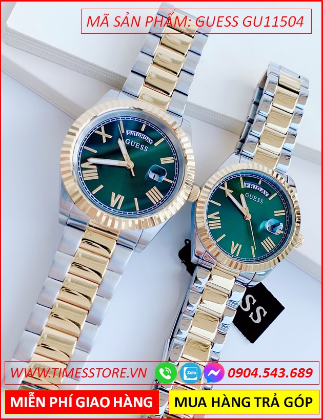dong-ho-cap-doi-guess-tua-rolex-mat-xanh-day-demi-vang-gold-timesstore-vn