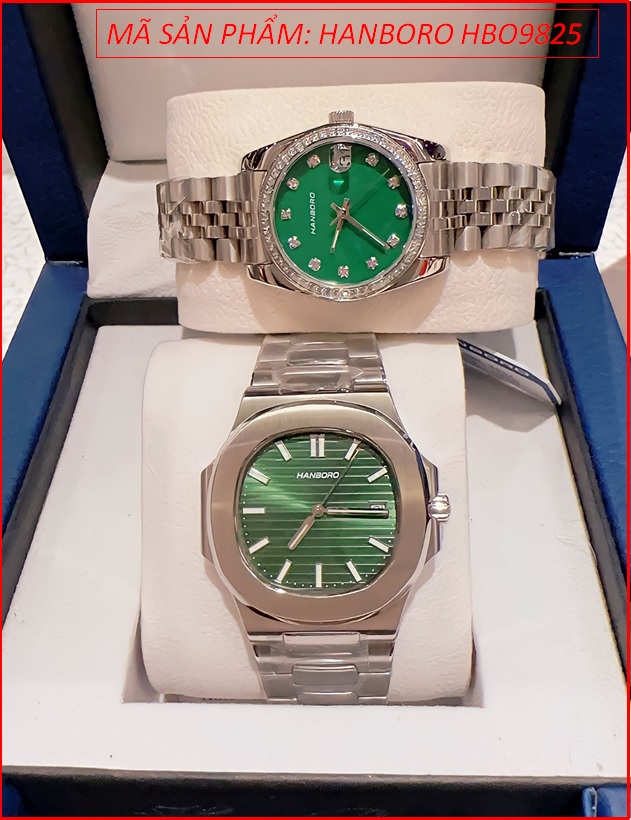 dong-ho-cap-doi-hanboro-automatic-mat-xanh-la-day-kim-loai-timesstore-vn