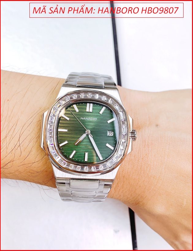 dong-ho-nam-hanboro-tua-patek-philip-mat-xanh-la-day-kim-loai-timesstore-vn