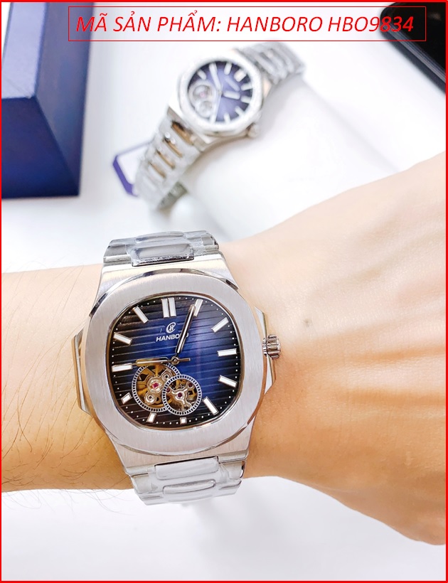 dong-ho-nam-hanboro-tua-patek-philippe-mat-vuong-xanh-day-kim-loai-timesstore