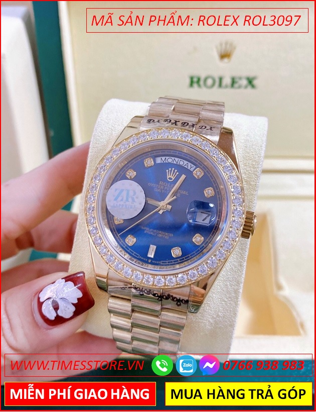 dong-ho-nam-rolex-f1-automatic-2-lich-mat-xanh-day-vang-gold-timesstore-vn