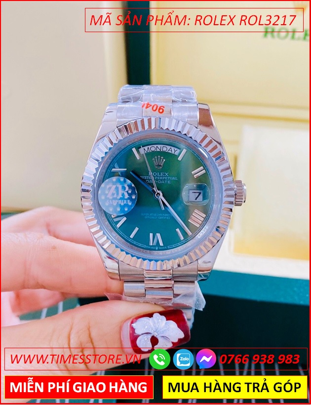 dong-ho-nam-rolex-f1-co-2-lich-xanh-la-khia-day-kim-loai-timesstore-vn