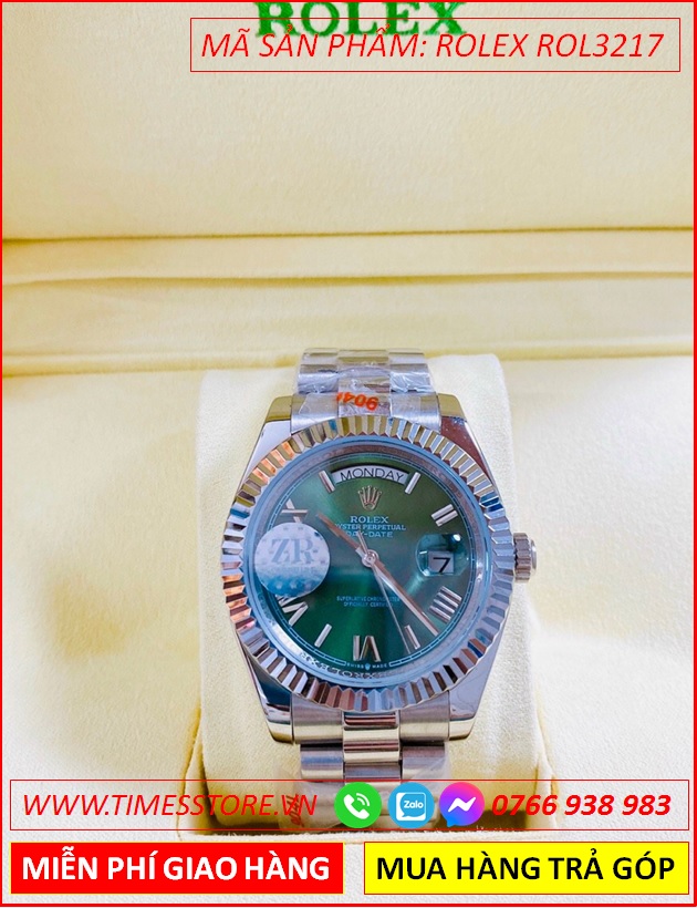 dong-ho-nam-rolex-f1-co-2-lich-xanh-la-khia-day-kim-loai-timesstore-vn