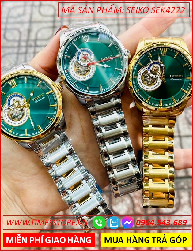 dong-ho-nam-seiko-automatic-mat-tron-xanh-la-lo-tim-day-vang-gold-timesstore-vn