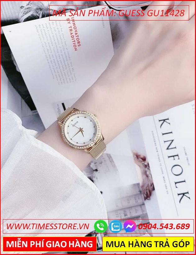 dong-ho-nu-guess-chelsea-mat-trang-day-mesh-luoi-vang-gold-timesstore-vn