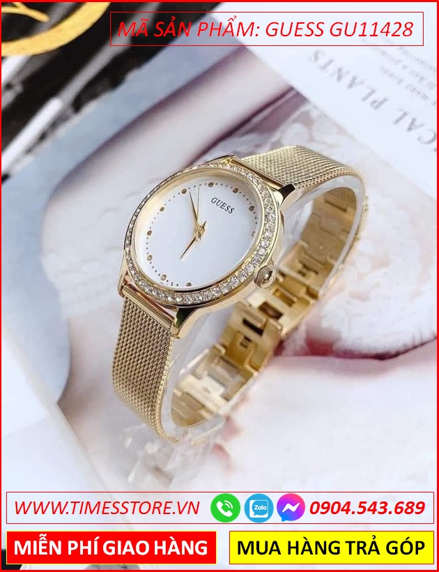 dong-ho-nu-guess-chelsea-mat-trang-day-mesh-luoi-vang-gold-timesstore-vn