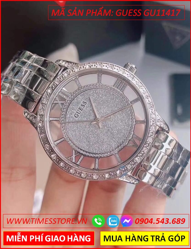 dong-ho-nu-guess-mat-so-la-ma-dinh-da-day-kim-loai-silver-timesstore-vn