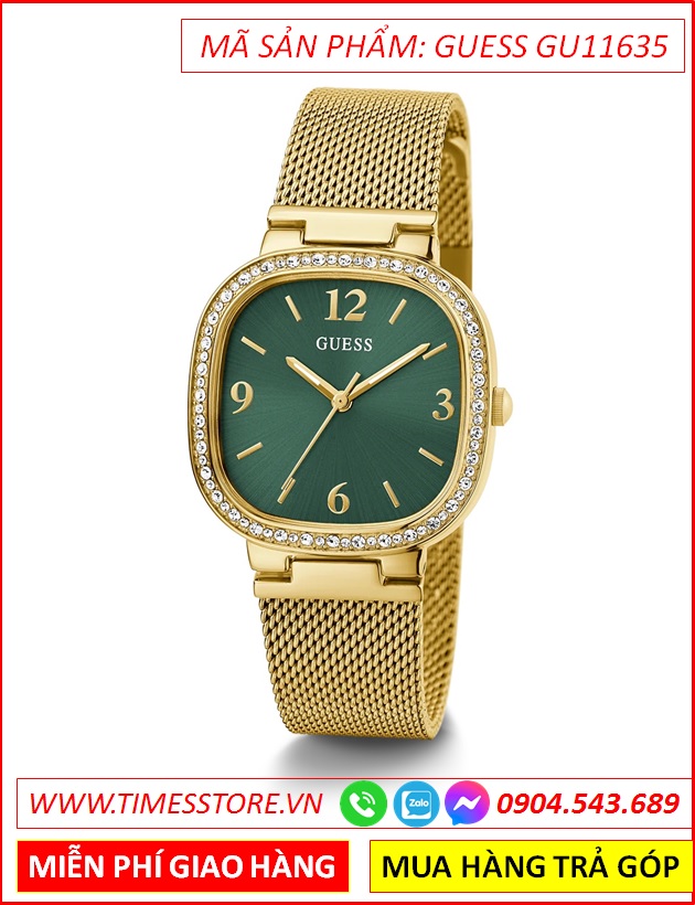 dong-ho-nu-guess-mat-vuong-xanh-la-day-mesh-luoi-vang-gold-timesstore-vn