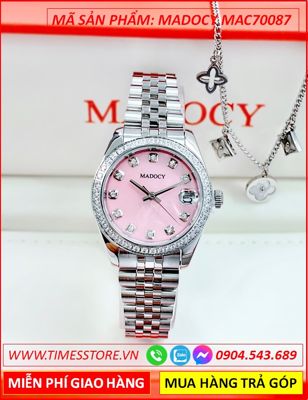 dong-ho-nu-madocy-tua-rolex-mat-hong-day-kim-loai-timesstore-vn