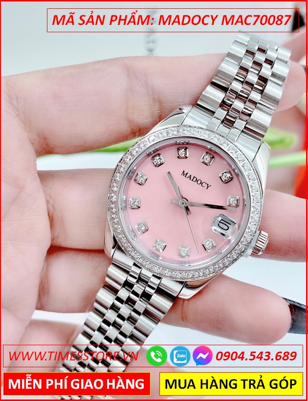 dong-ho-nu-madocy-tua-rolex-mat-hong-day-kim-loai-timesstore-vn