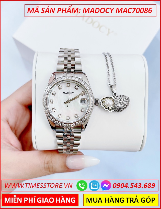 dong-ho-nu-madocy-tua-rolex-mat-trang-day-kim-loai-timesstore-vn