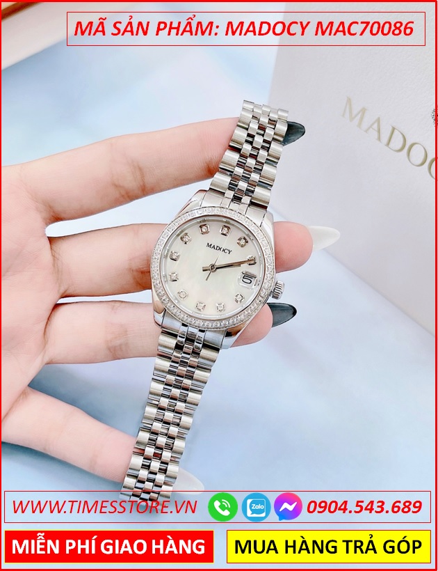 dong-ho-nu-madocy-tua-rolex-mat-trang-day-kim-loai-timesstore-vn