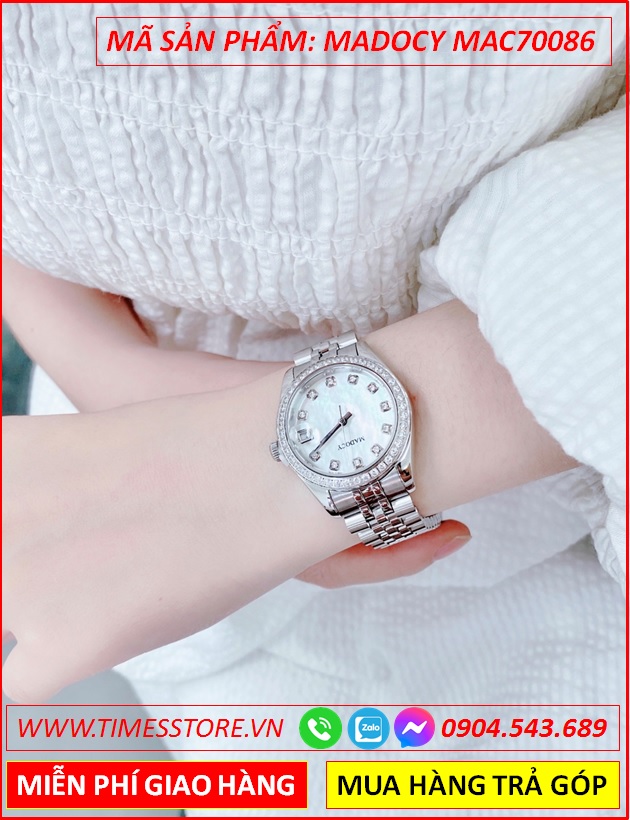 dong-ho-nu-madocy-tua-rolex-mat-trang-day-kim-loai-timesstore-vn