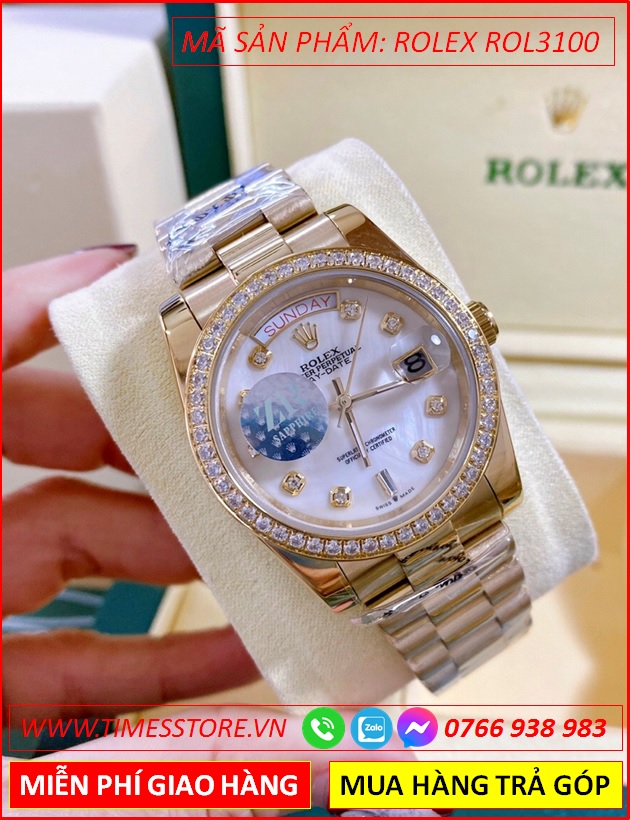 dong-ho-nu-rolex-f1-automatic-2-lich-mat-trang-day-vang-gold-timesstore-vn