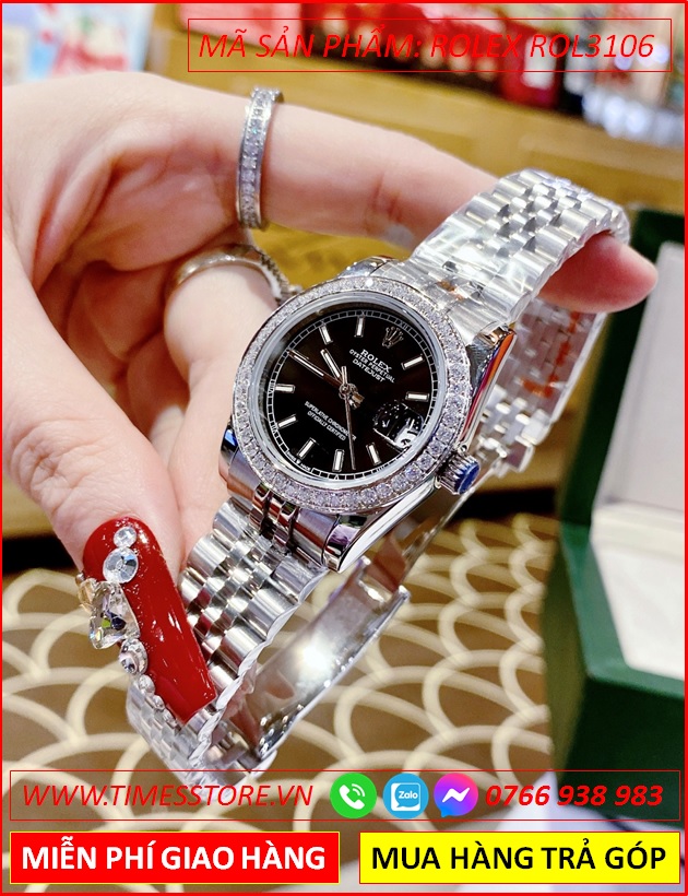 dong-ho-nu-rolex-f1-automatic-datejust-mat-den-dinh-da-day-kim-loai-timesstore-vn