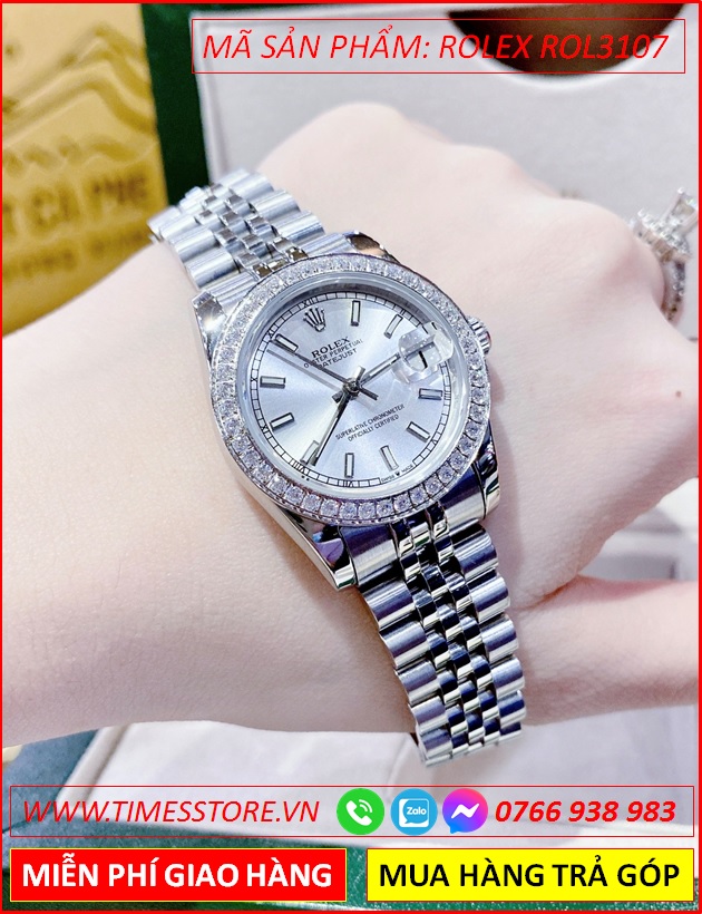 dong-ho-nu-rolex-f1-automatic-datejust-mat-trang-dinh-da-day-kim-loai-timesstore-vn