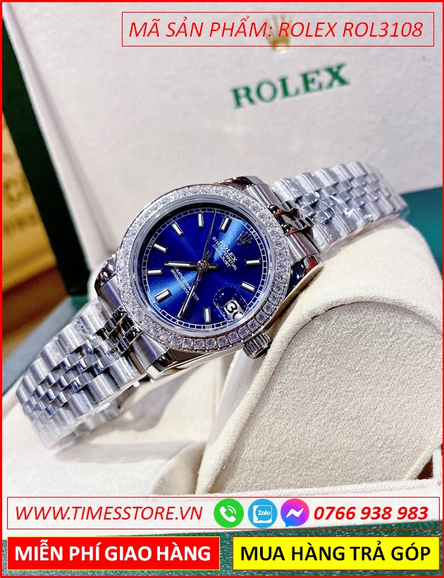 dong-ho-nu-rolex-f1-automatic-datejust-mat-xanh-dinh-da-day-kim-loai-timesstore-vn