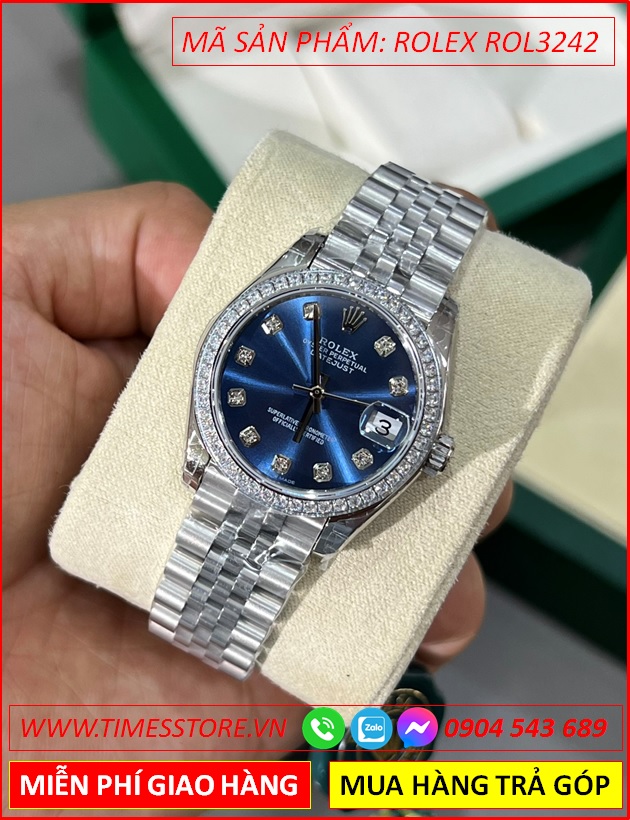 dong-ho-nu-rolex-f1-automatic-mat-xanh-dinh-da-day-kim-loai-timesstore-vn