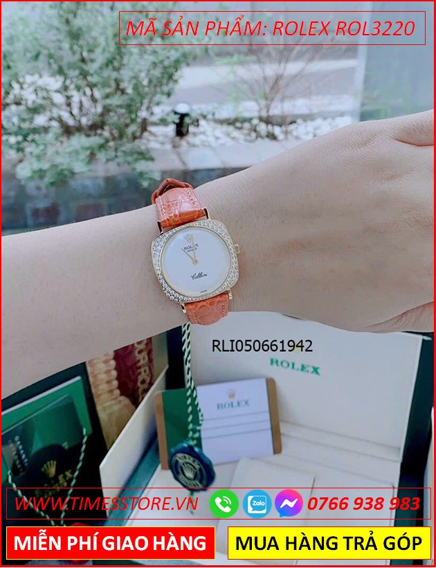 dong-ho-nu-rolex-f1-cellini-mat-vuong-dinh-da-day-xanh-cam-timesstore-vn